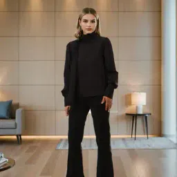 Shein Relaxed Fit Puff Sleeves High Neck Draped Buckle Detail Top image 3