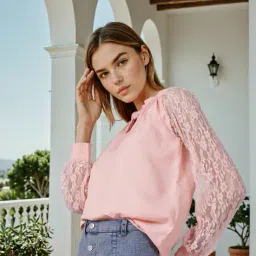 Shein Party Key-Hole Neck Mesh Cuffed Sleeves Peach Loose Fit Top image 3