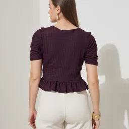 Shein Plunging Neck Puff Sleeve Textured Peplum Top image 3