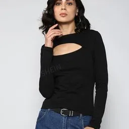 Shein Casual Medium Length Front Cut-out Full Sleeve Crew T-shirt-picture-41