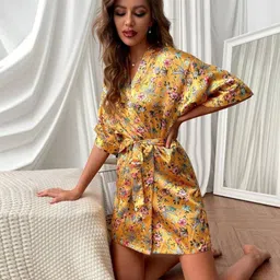 marquisa Women Floral Print Robe with Waist Tie-Up image 4