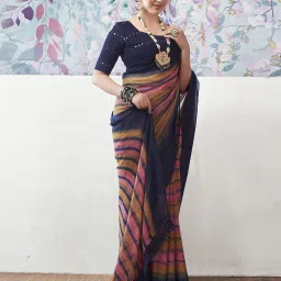 satrani Women Striped Chiffon Saree with Tassels image 4