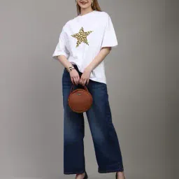 Shein Drop Shoulder Star Chest Print Oversized Fit Crew Tshirt image 4