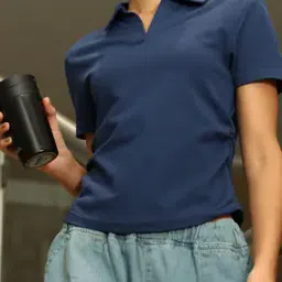 Shein Spread Collar Short Sleeves Ruched Polo Tshirt-image-0