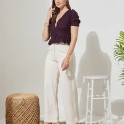 Shein Plunging Neck Puff Sleeve Textured Peplum Top image 4