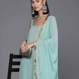 varanga Women Striped Straight Kurta with Pants & Dupatta image 4