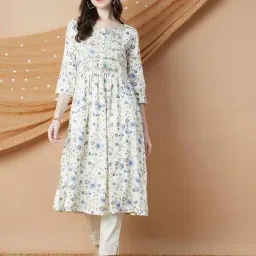 melange by lifestyle Women Abstract Straight Kurta with Round Neck image 4