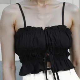 Shein Spaghetti Strap Ruched Front Tie-Up Fitted Crop Top image 1