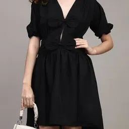 Shein Puff Sleeves Pleated Bow Detail A-Line Dress-picture-20