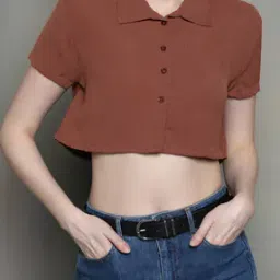 Shein Short Sleeve Cutaway Collar Textured Crop Boxy Fit Shirt-picture-29