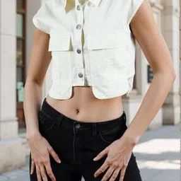 Shein Street Spread Collar Cap Sleeves Loose Fit Crop Shirt-image-64