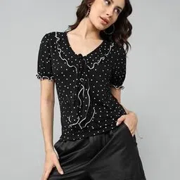 Shein Bohemian Front Tie-Up Polka-Dot Print Short Puff Sleeves Stylised Top-picture-12