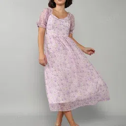 Shein Casual Puff Sleeves Floral Print A-Line Dress with Back Zip image 1