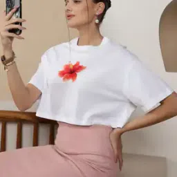 Shein Casual Floral Chest Print Crop-Length Short Sleeve T-Shirt-picture-40