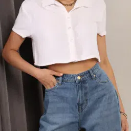 Shein Short Sleeve Cutaway Collar Textured Crop Boxy Fit Shirt-image-18