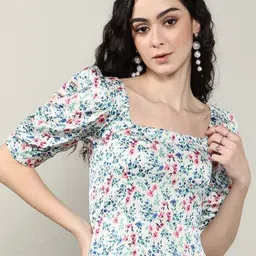 Shein Elegant Square Neck Puff Sleeves Floral Smocked Back Midi A-Line Dress image 5