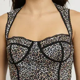 Shein Party Fitted Sweetheart Neck Lace Trim Animal Print Corset Top image 5