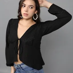 Shein Bold Front Tie-up Deep Full-length Puff Sleeves Blouse image 1