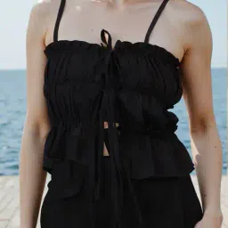 Shein Cute Spaghetti Strap Front Tie-Up Ruffled Short Top image 1