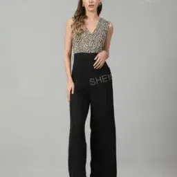 Shein Bold Full Length Sleeveless Animal Print Deep V Back Jumpsuit-image-65