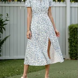 Shein Elegant Tie-Up Neck Floral Print Midi Split Thigh Dress-picture-26