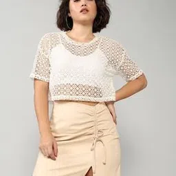 Shein Casual Short Drop-Shoulder Sleeves Lace Crew T-Shirt-picture-11