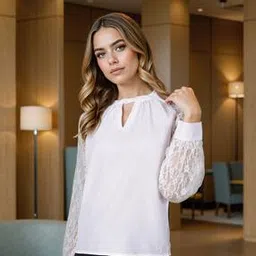 Shein Party Key-Hole Neck Mesh Cuffed Sleeves Loose Fit Top-picture-37