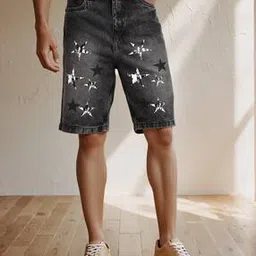 Shein Knee Length Star Print Denim Shorts With Pockets-picture-42