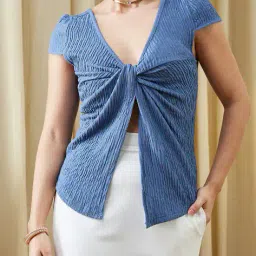 Shein Deep V Neck Puff Sleeve Twisted Front Slit Top image 1
