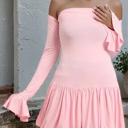 Shein Off Shoulder Flounce Sleeve Drop Waist Mini Dress-picture-47
