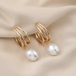Shein Women Pearl Detail Gold Hoop Drops Earring-picture-32