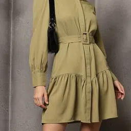 Shein Full Puff Sleeves Buckle Belt Mini Shirt Dress-picture-29