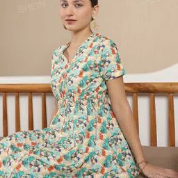 Shein Maxi Length Short Sleeve Slit Hem Floral Print Empire Dress-picture-29