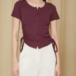 Shein Side Tie-Up Ruched Buttoned Ribbed Short Top-picture-36