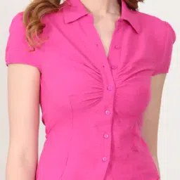 Shein Spread Collar Ruched Back Tie-Up Short Shirt-image-0