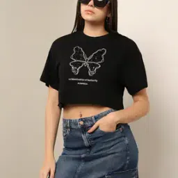 Shein Drop-Shoulder Sleeves Typographic Chest Print Crop T-shirt-picture-46