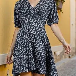 Shein Elegant Puff Sleeves Floral Print Mini Skater Dress-picture-17