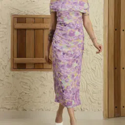 Shein Off Shoulder Floral Print Ruched Midi Split Dress-picture-40