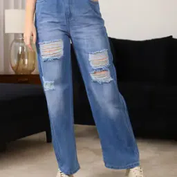 Shein Elasticated Waist Mid Wash Distressed Jeans-image-8