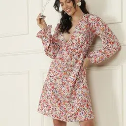 Shein Bold Peasant Sleeves Curved Hem Floral Midi Skater Dress-picture-25