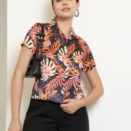 Shein Lapel Collar Short Sleeves Leaf Print Shirt-image-57