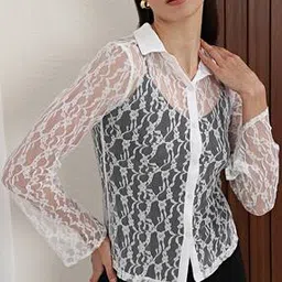 Shein Casual Medium Length Full Sleeve Lace Sheer Shirt-picture-53