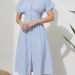 Shein Spread Collar Cinched Waist Striped Fit & Flare Dress-picture-45