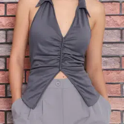 Shein Halter Neck Sleeveless Front Slit Ruched Top-picture-36