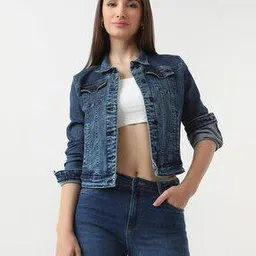 Women Lightly Washed Slim Fit Denim Jacket-image-61