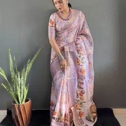 indie picks Ethinic Motifs Woven Design Zari Kanjeevaram Slik Kalamkari Print Saree -picture-39