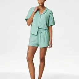 marks & spencer Women Smocked Pure Cotton Shirt & Shorts Set-picture-45