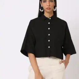 svrnaa by azorte Button-Down Shoulder Cropped Shirt-picture-5