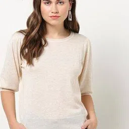 fig Textured Round-Neck Top with Ribbed Hems-picture-11