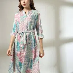 fusion Women Printed A-Line Dress with Belt-picture-32